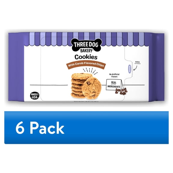 (6 pack) Three Dog Bakery Cookies with Carob Flavored Chips, Baked Dog Treats, 13 oz