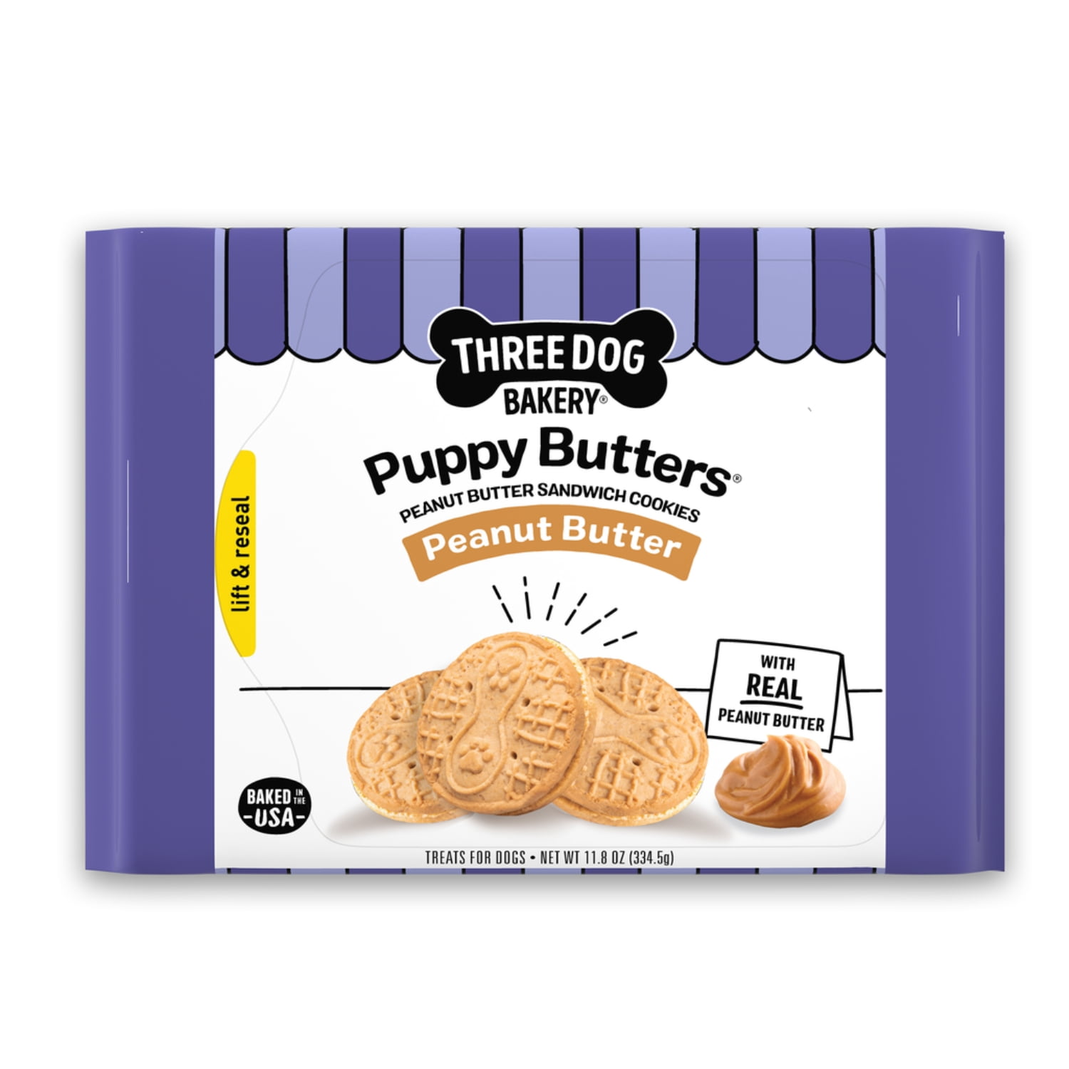 (6 pack) Three Dog Bakery Puppy Butters, Crunchy Peanut Butter Dog Sandwich Cookies, 11.8 oz