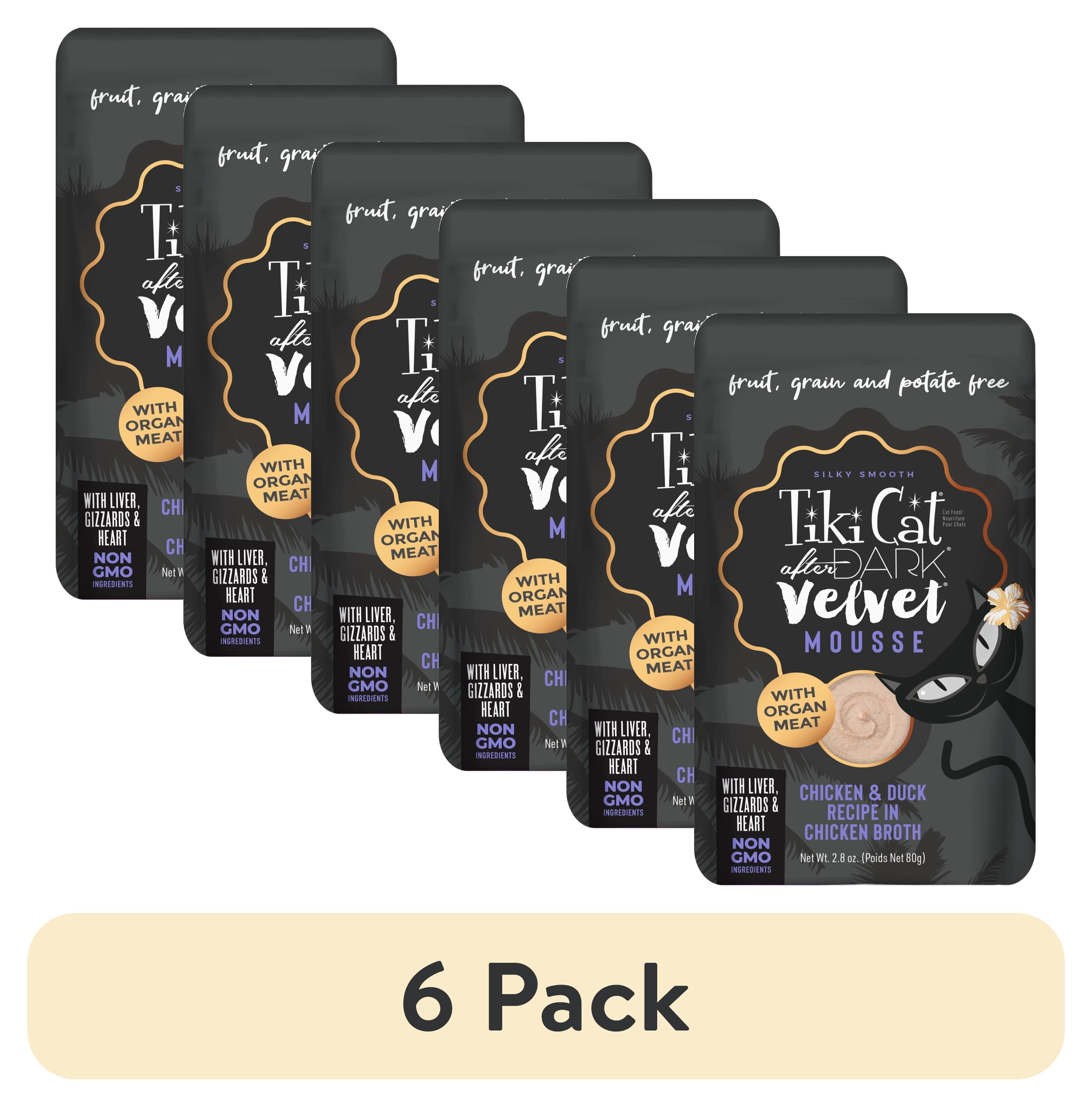 (6 pack) Tiki Cat After Dark Velvet Mousse, Chicken & Duck, 2.8 oz. Pouch