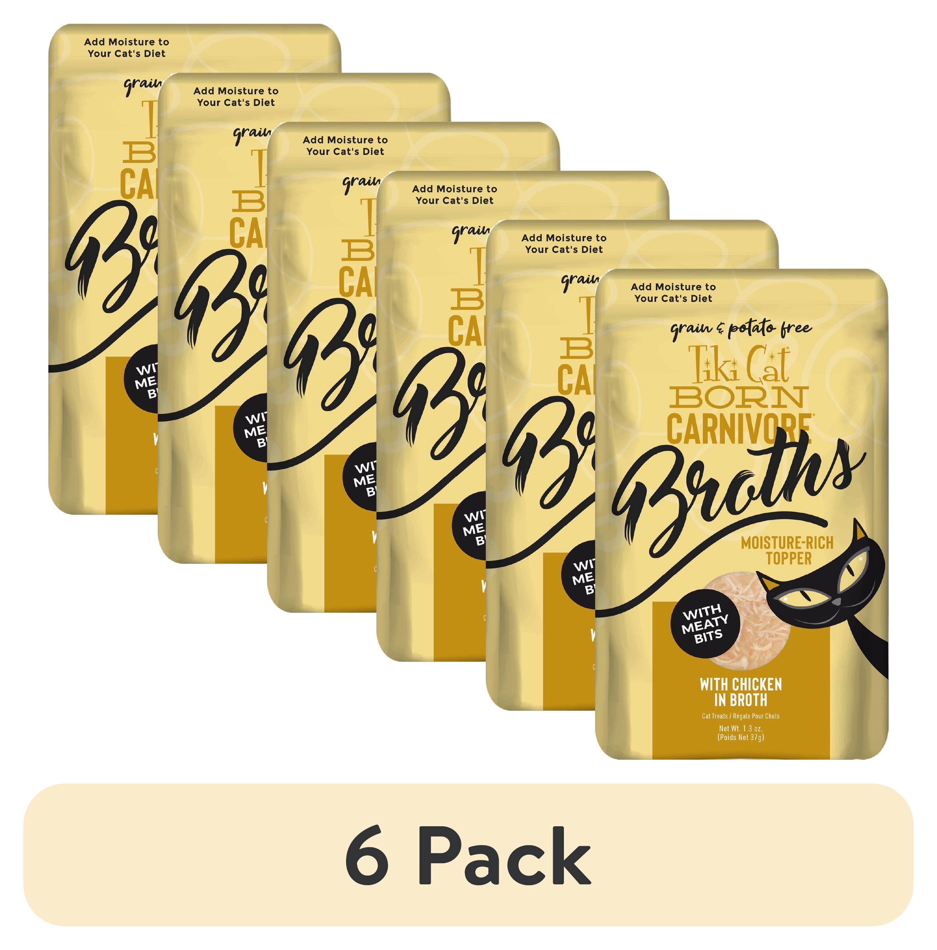 (6 pack) Tiki Cat Born Carnivore Broths Wet Cat Food Topper, Chicken, 1.3 oz. Pouch