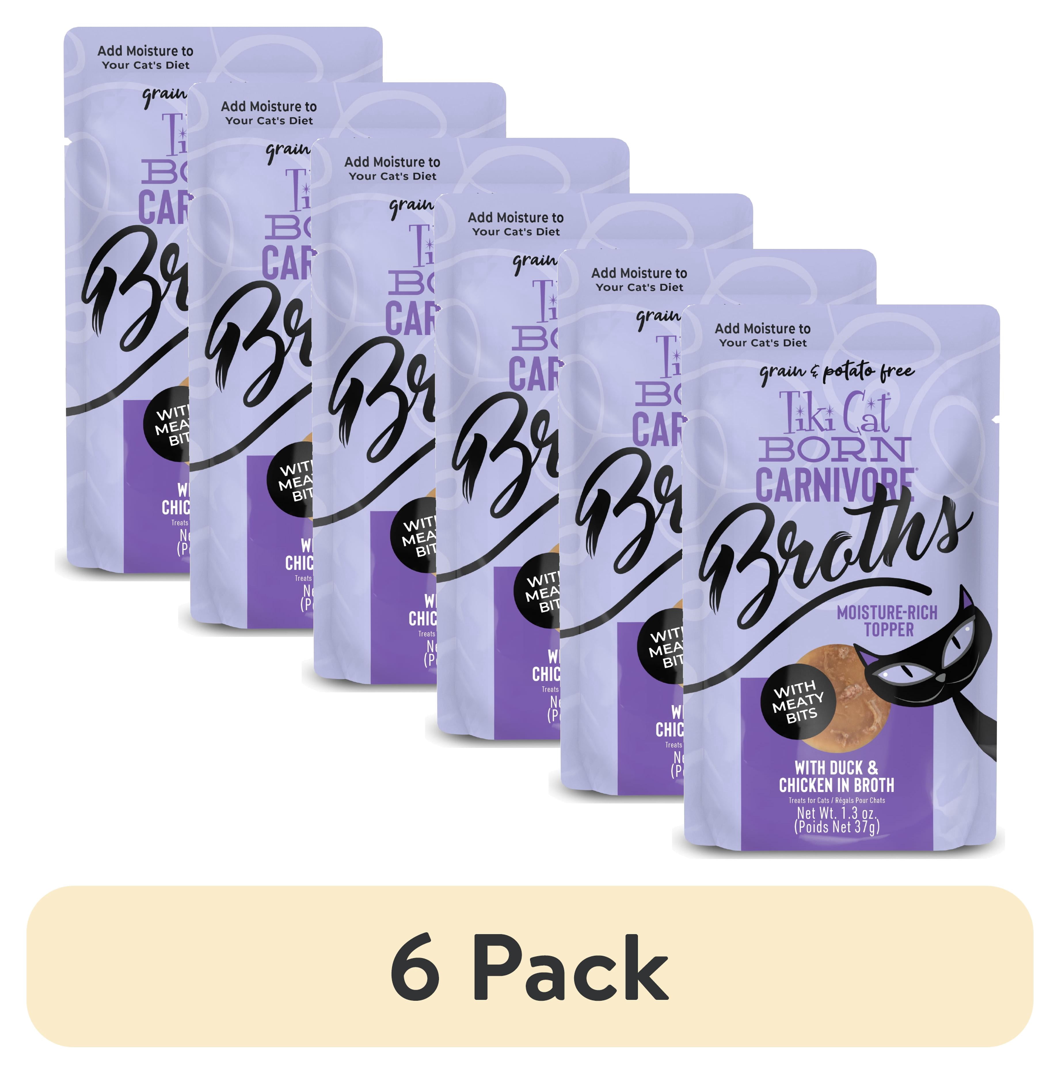 (6 pack) Tiki Cat Born Carnivore Broths Wet Cat Food Topper, Duck & Chicken, 1.3 oz. Pouch