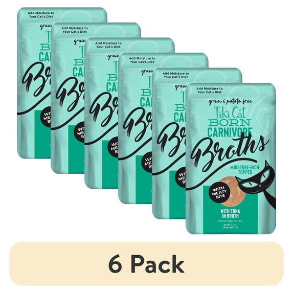(6 pack) Tiki Cat Born Carnivore Broths Wet Cat Food Topper, Tuna, 1.3 oz. Pouch