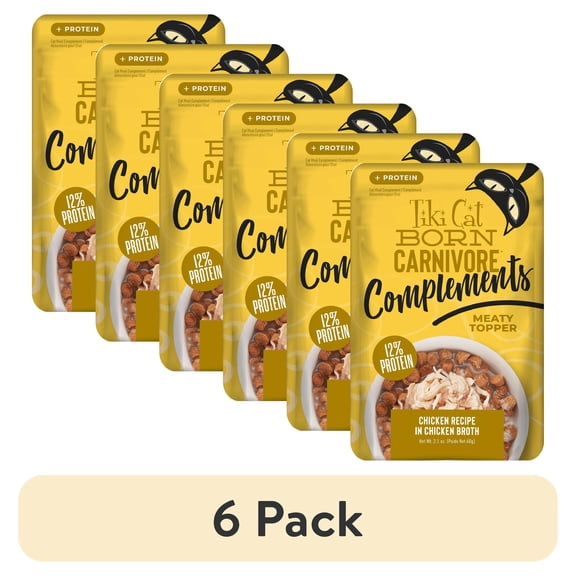(6 pack) Tiki Cat Born Carnivore Complements Wet Cat Food Topper, Chicken, 2.1 oz. Pouch