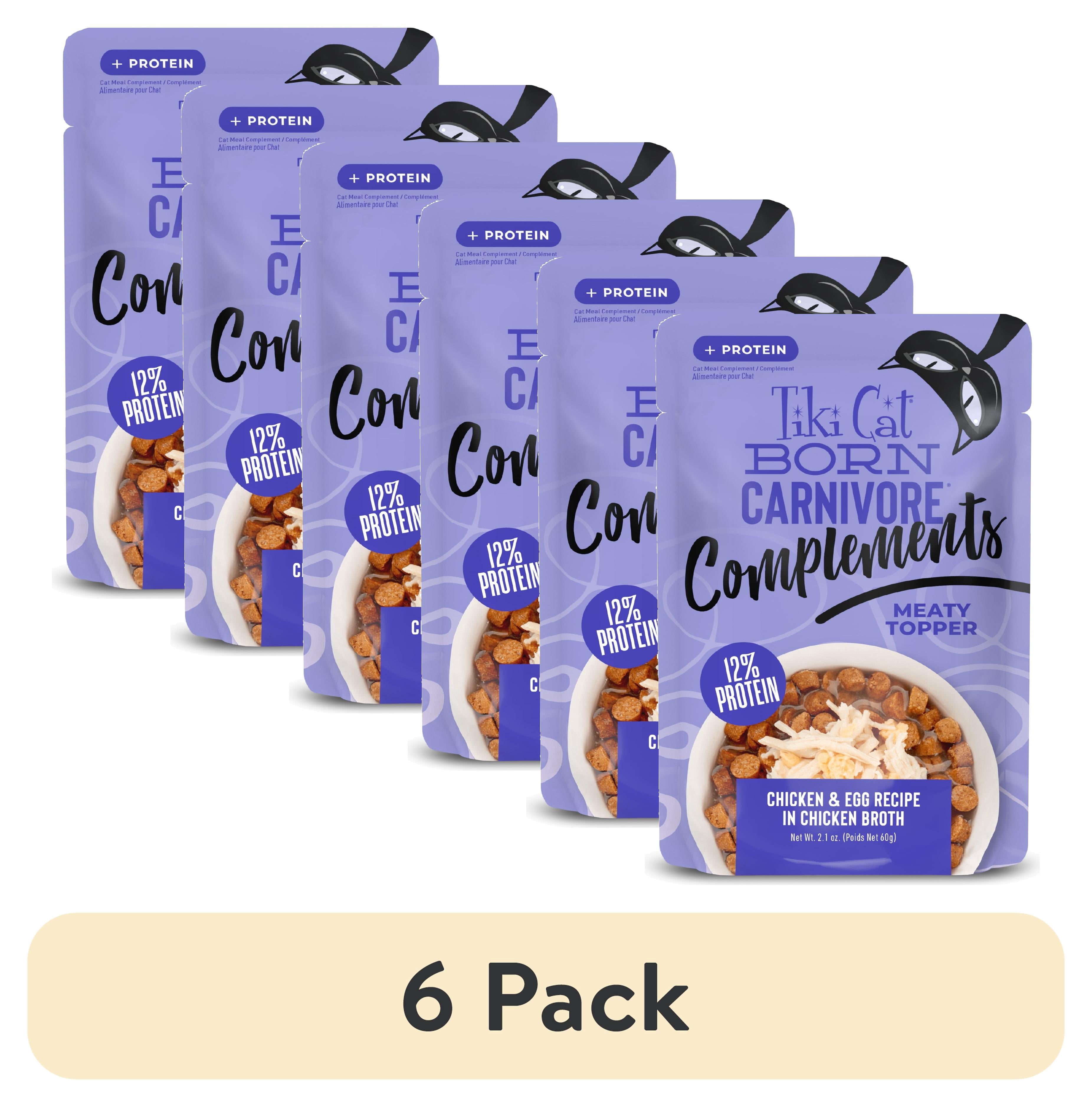 (6 pack) Tiki Cat Born Carnivore Complements Wet Cat Food Topper, Chicken & Egg 2.1 oz. Pouch
