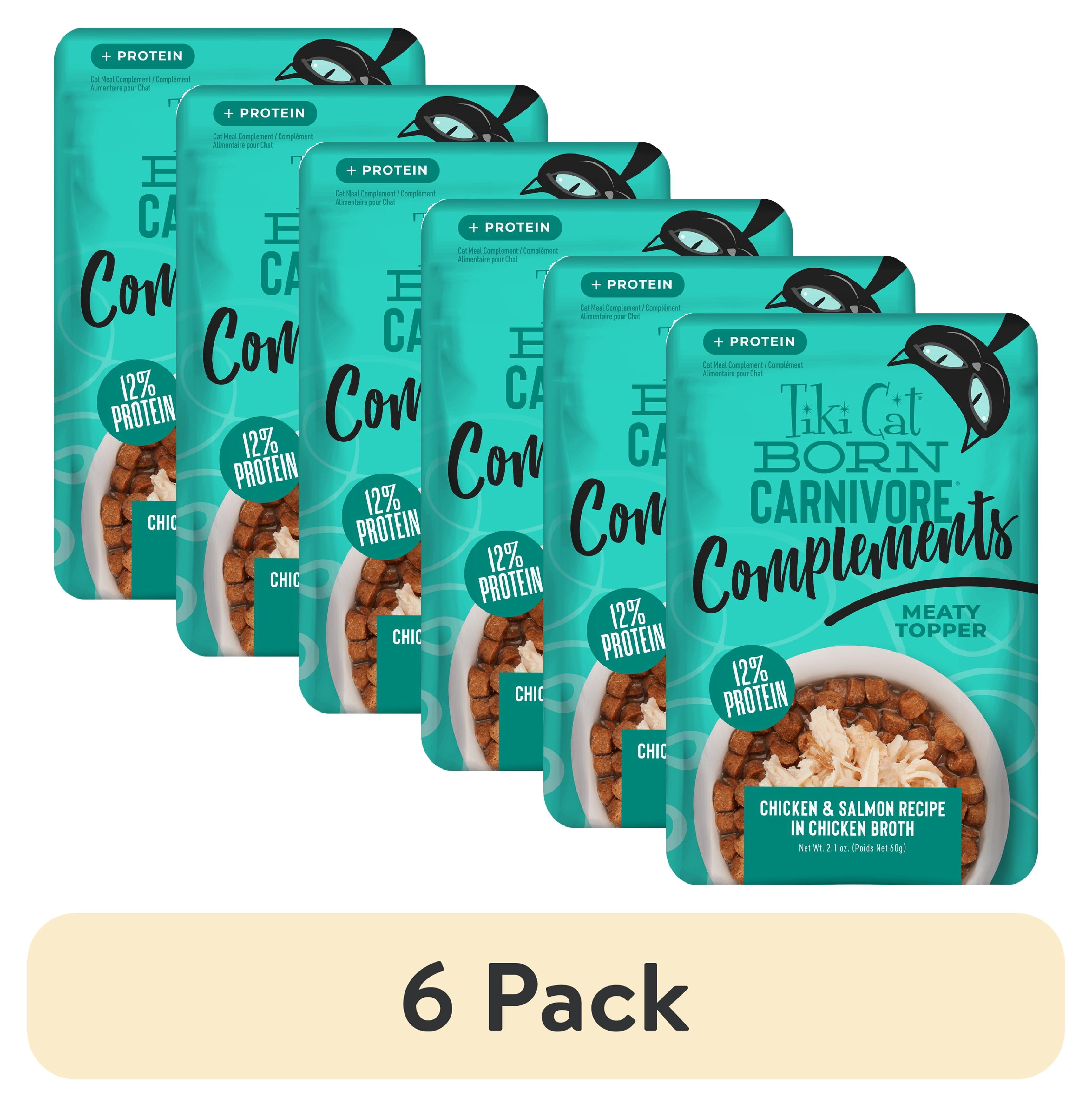 (6 pack) Tiki Cat Born Carnivore Complements Wet Cat Food Topper, Chicken & Salmon 2.1 oz. Pouch