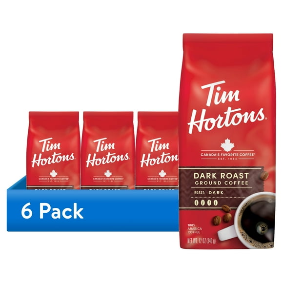 (6 pack) Tim Hortons Dark Roast Ground Coffee, 100% Arabica, 12 oz Bag