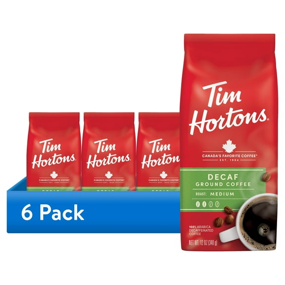 (6 pack) Tim Hortons Decaf Ground Coffee, 12oz Bag