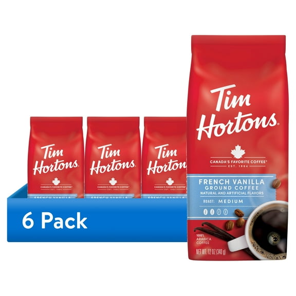 (6 pack) Tim Hortons French Vanilla Flavored Coffee, Medium Roast Ground Arabica, 12 oz Bag