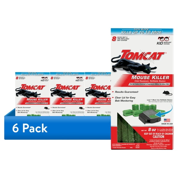 (6 pack) Tomcat Mouse Killer Child Resistant, Refillable Station with 8 Bait Block Refills