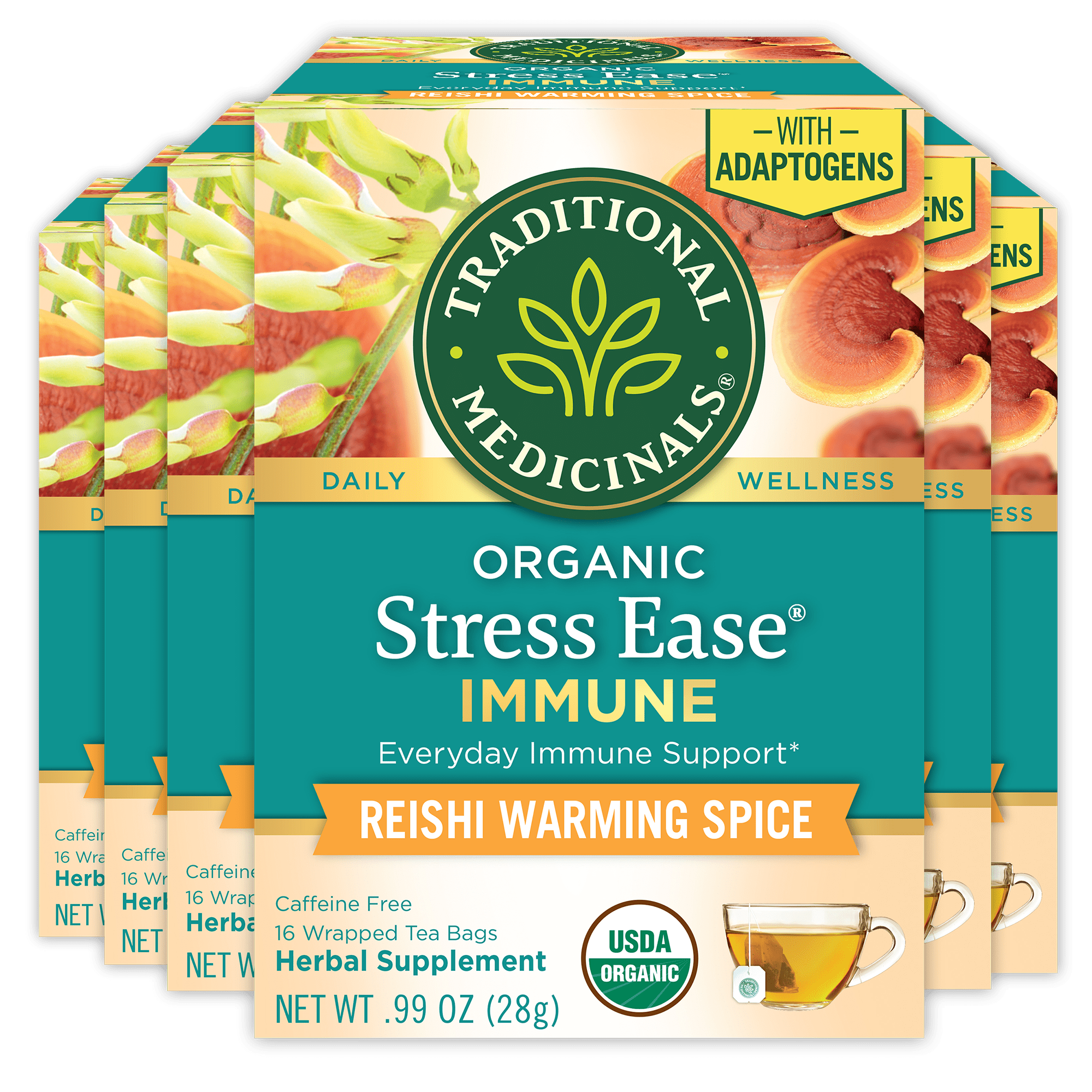 (6 pack) Traditional Medicinals Organic Stress Ease Immune Tea Bags with Astragalus and Reishi Mushroom, 16 Count