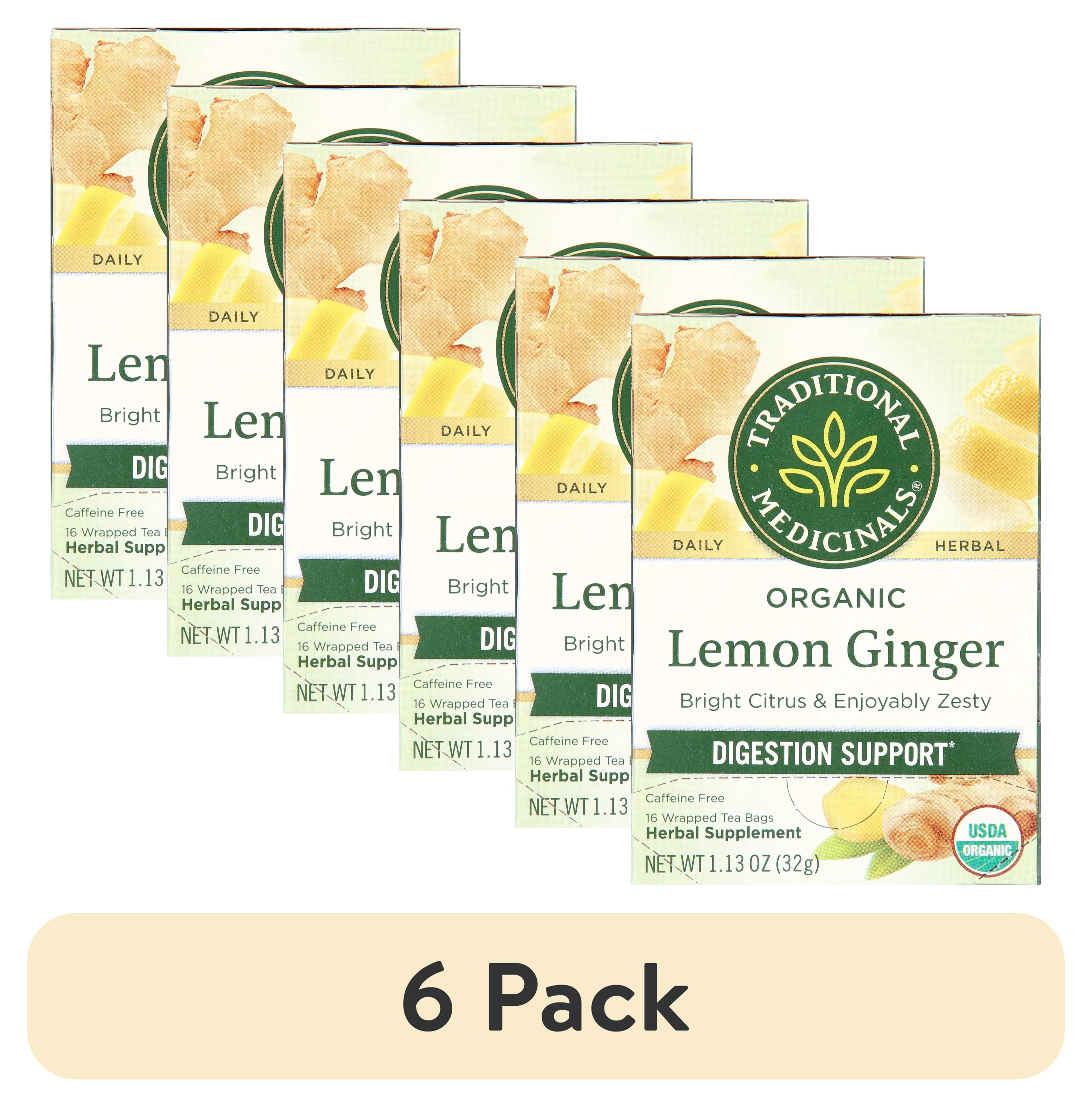 (6 pack) Traditional Medicinals Lemon Ginger Herbal Tea Bags, Caffeine-Free, 16 Count