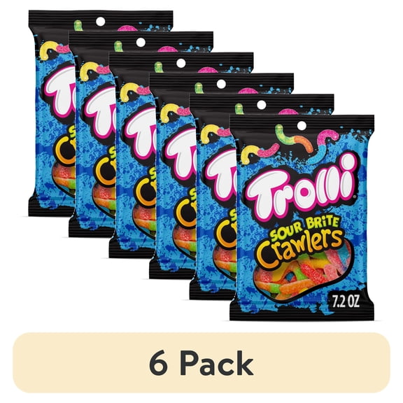 (6 pack) Trolli Sour Brite Crawlers, Candy, Cherry-Lemon, Strawberry-Grape & Orange-Lime, Sweet and Sour, Gummy Worms, 7.2 oz Bag