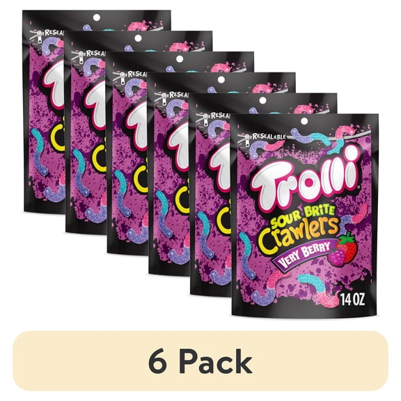 (6 pack) Trolli Sour Brite Crawlers, Candy, Very Berry, Sweet and Sour, Gummy Worms, 14 oz Bag
