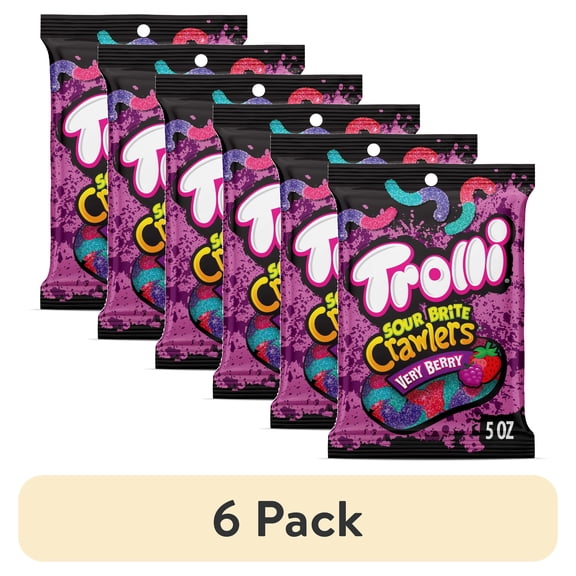 (6 pack) Trolli Sour Brite Crawlers, Candy, Very Berry, Sweet and Sour Gummy Worms, 5 oz