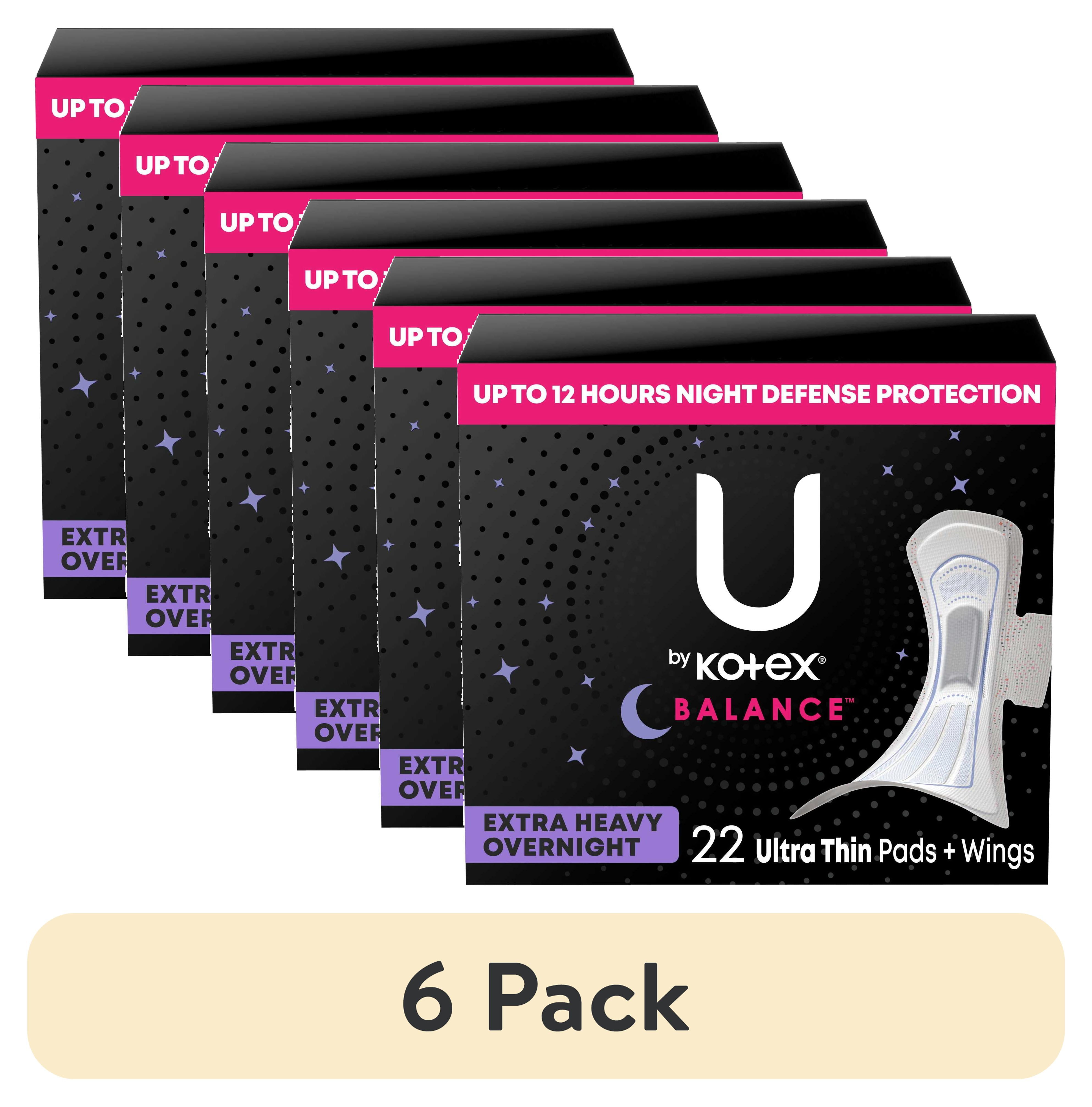 (6 pack) U by Kotex Balance Ultra Thin Overnight Pads with Wings, Extra Heavy Absorbency, 22 Ct