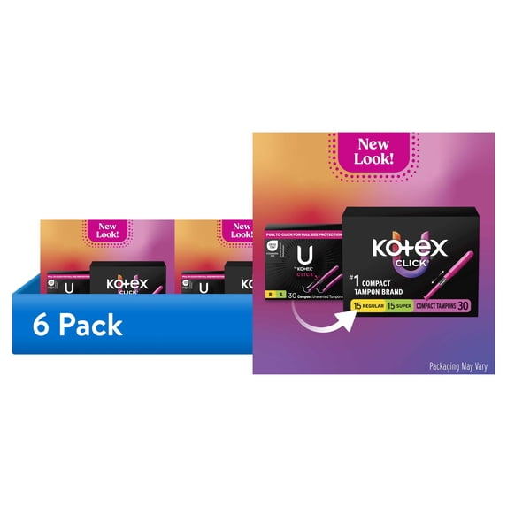(6 pack) Kotex Click Compact Multipack Tampons, Regular/Super, Unscented, 30 Count