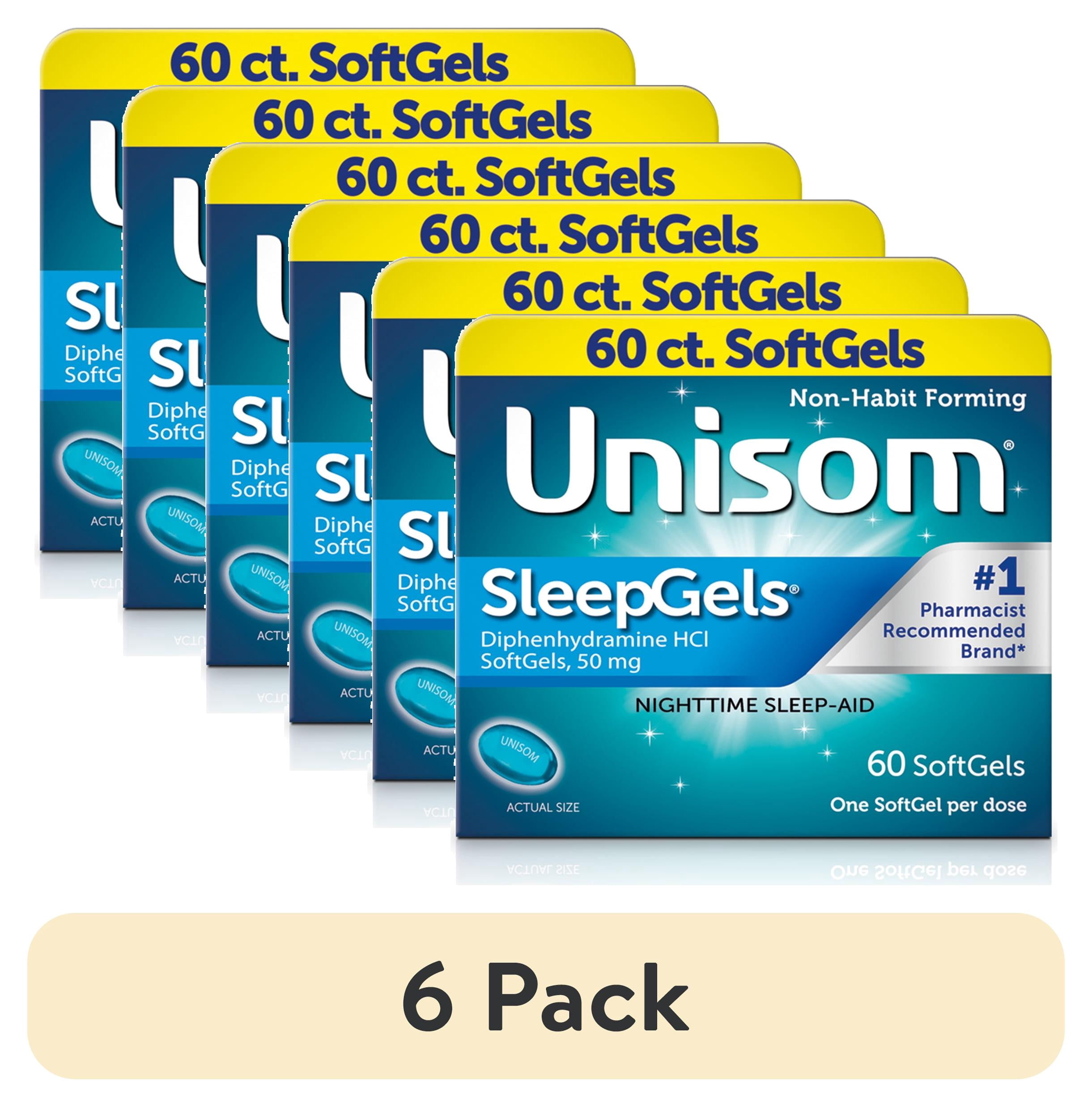 (6 pack) Unisom SleepGels Diphenhydramine HCL Softgel Sleeping Pills, Nighttime Sleep Aid, 50 mg, 60 Count