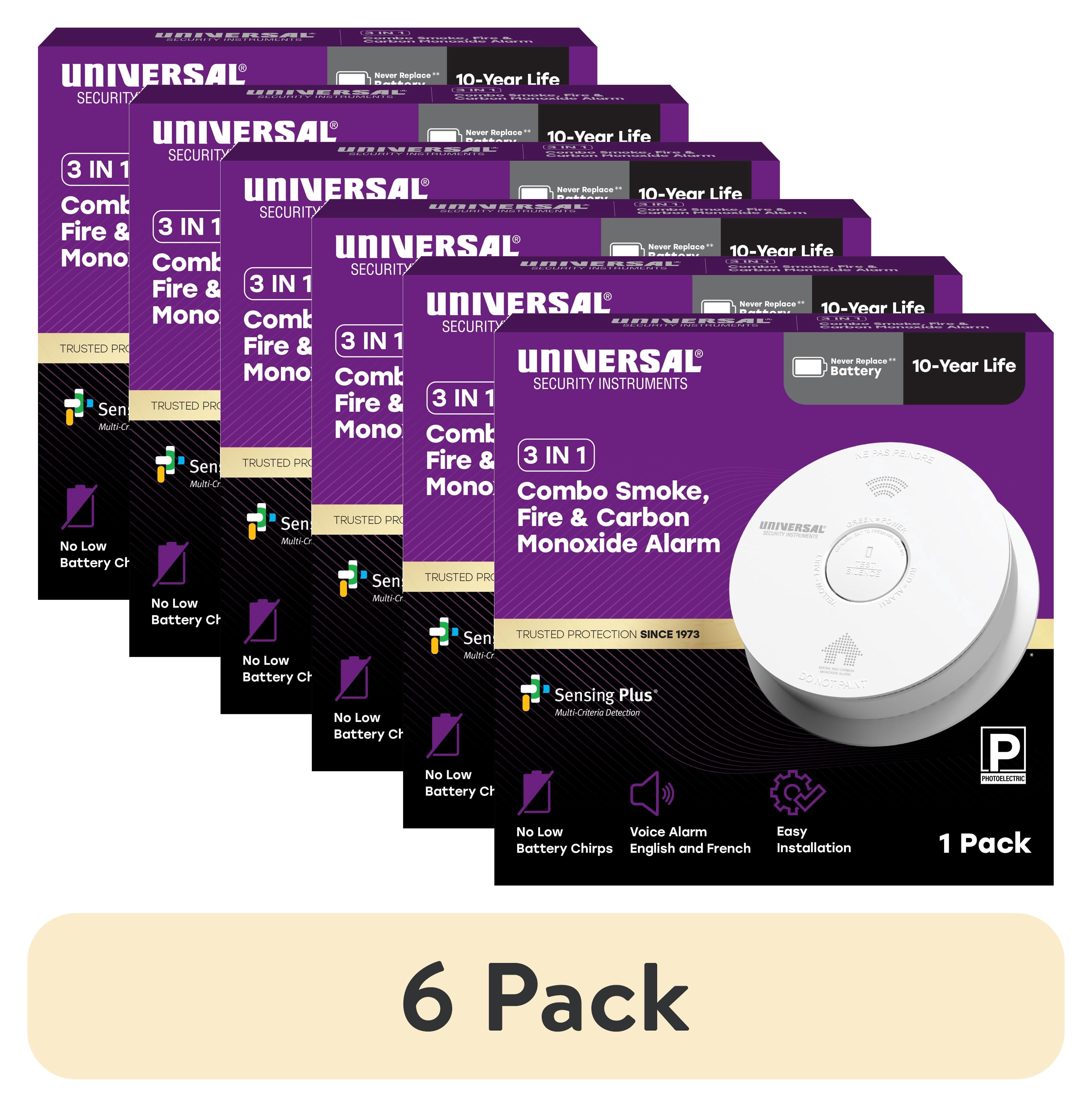 (6 pack) Universal Security Instruments 3 IN 1 10-Year Battery Smoke ...