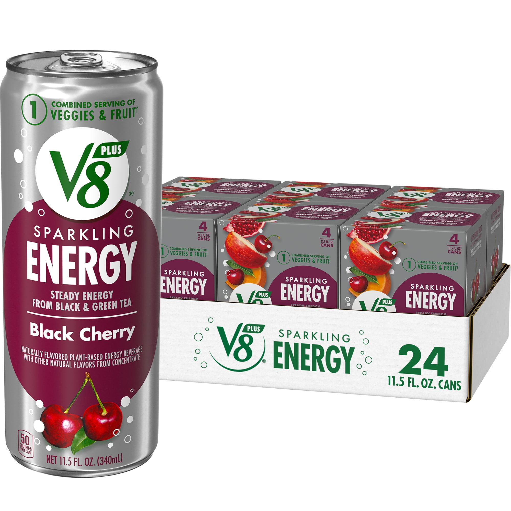 6 pack) V8 +Energy Sparkling Black Cherry Juice Energy Drink, 11.5