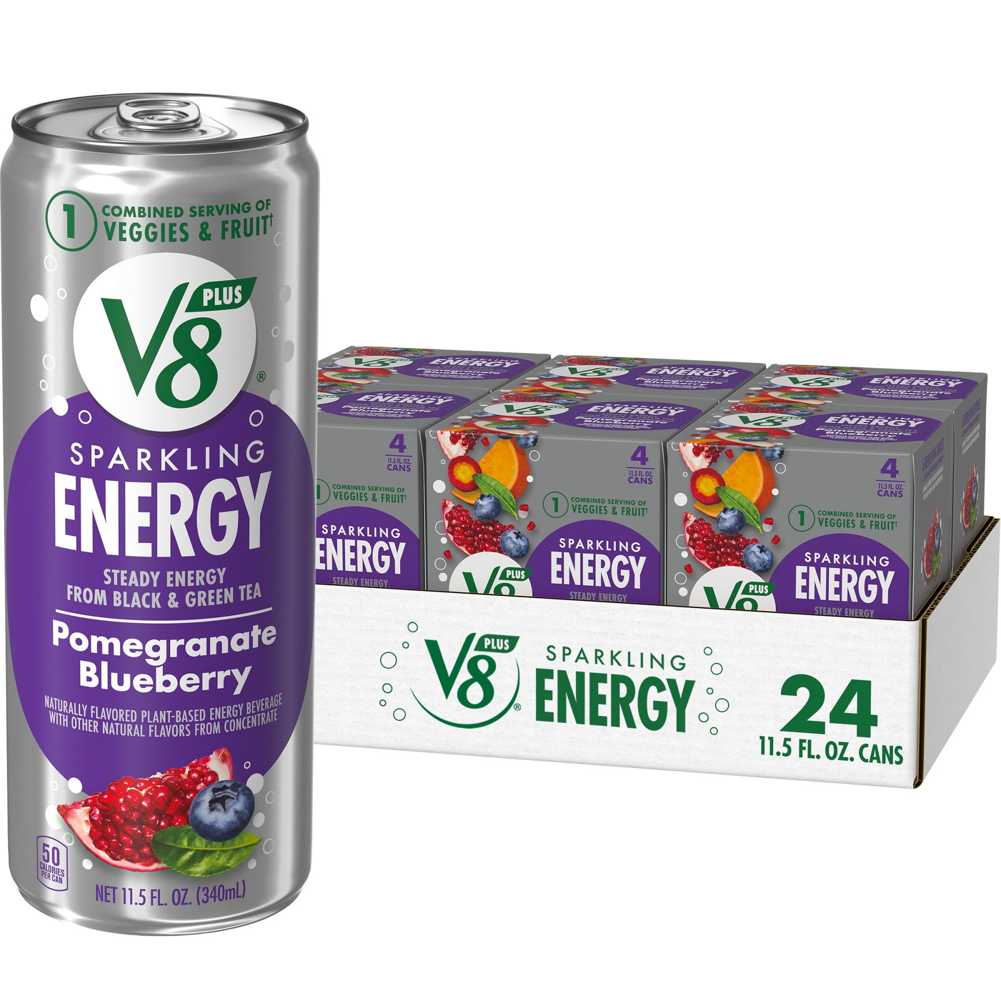 (6 pack) V8 +Energy Sparkling Pomegranate Blueberry Juice Energy Drink, 11.5 fl oz Can, 24 Count (6 Packs of 4)