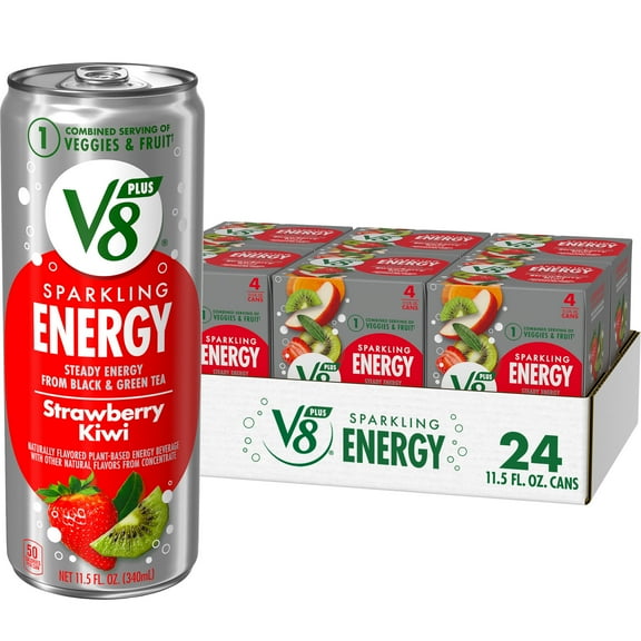 (6 pack) V8 +Energy Sparkling Strawberry Kiwi Juice Energy Drink, 11.5 fl oz Can, 24 Count (6 Packs of 4)