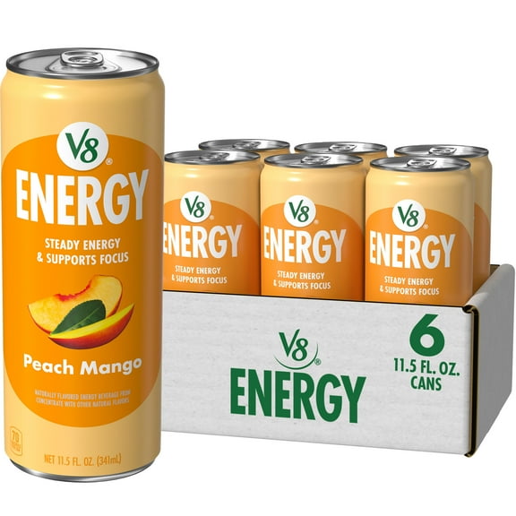 (6 pack) V8 Energy Still Peach Mango Energy Drink, 11.5 fl oz Can
