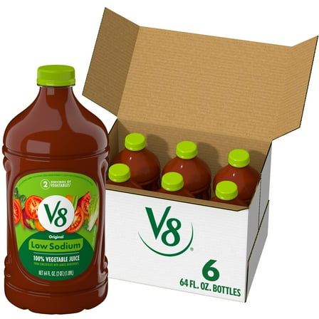 (6 pack) V8 Low Sodium Original 100% Vegetable Juice, 64 fl oz Bottle, 6 Count