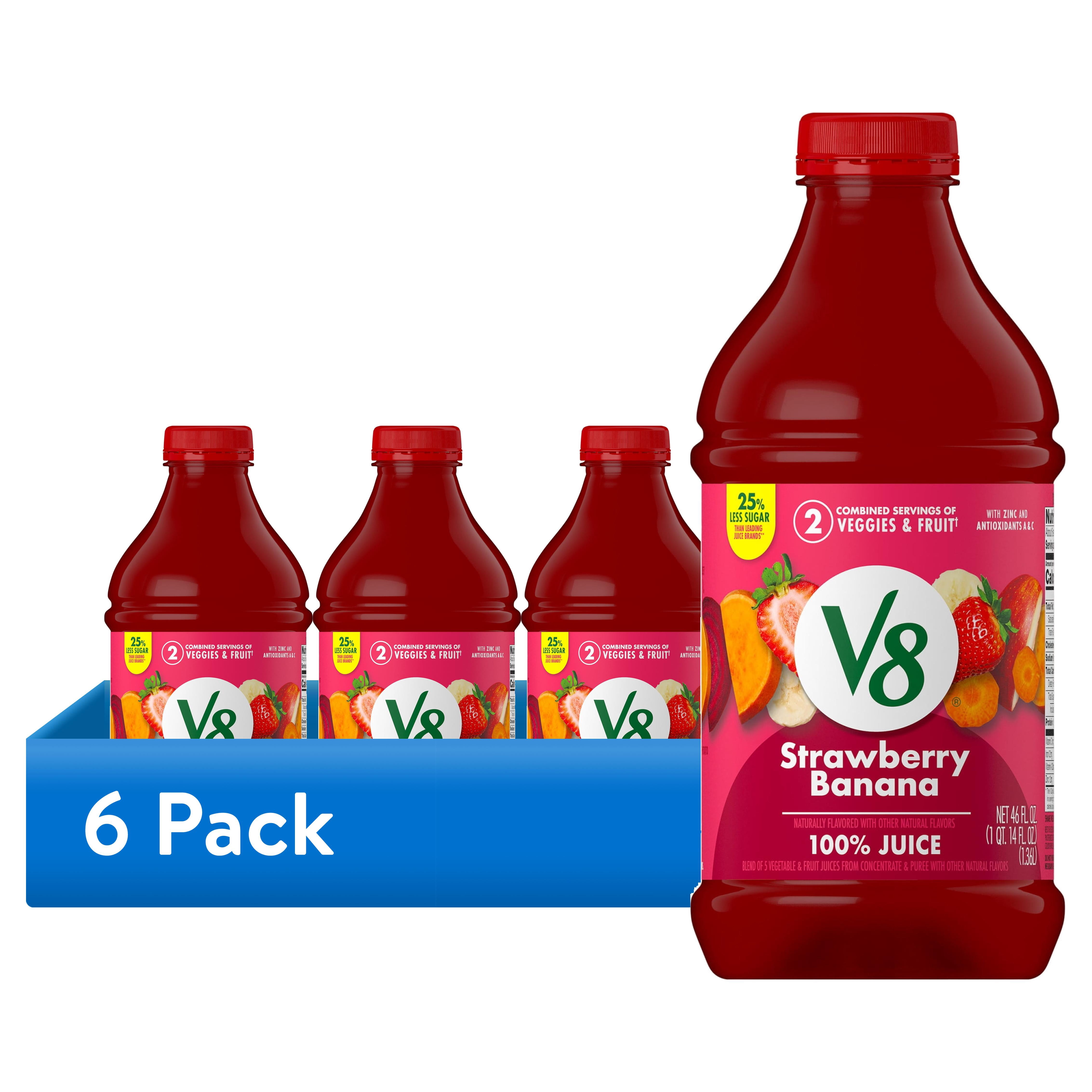 (6 pack) V8 Strawberry Banana 100% Fruit and Vegetable Juice, 46 fl oz Bottle, 6 Count