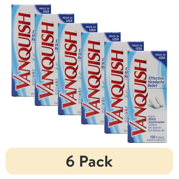 (6 pack) Vanquish Effective Headache Relief Aspirin (NSAID), Acetaminophen, Caffeine, 100 Analgesic Coated Caplets