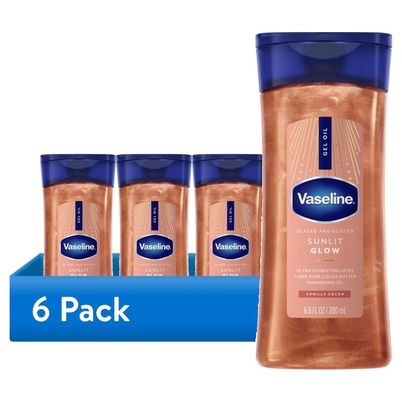 (6 pack) Vaseline Glazed & Glisten Shimmering Body Gel Oil Sunlit Glow, with Vanilla & Cocoa Butter, 6.8 oz