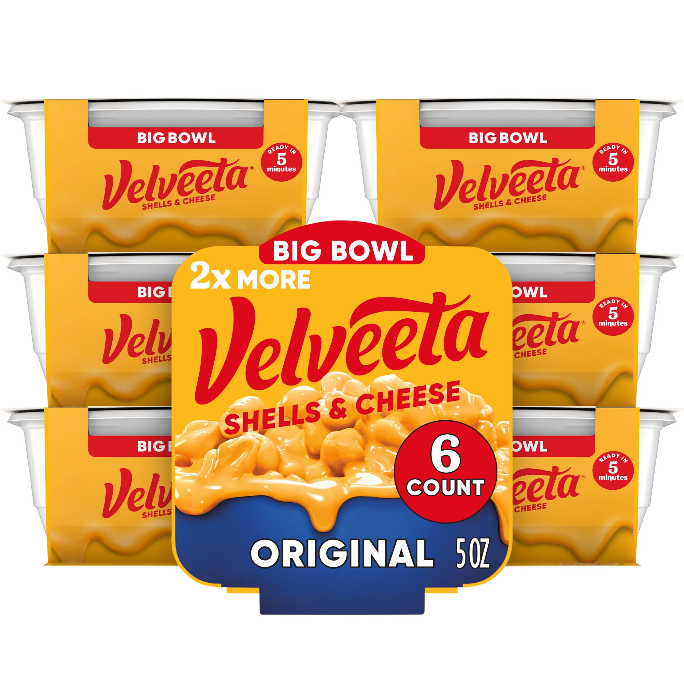 (6 pack) Velveeta Original Mac N Cheese Cups Easy Microwavable Big Bowl Dinner, 5 oz Tray, Shelf-Stable