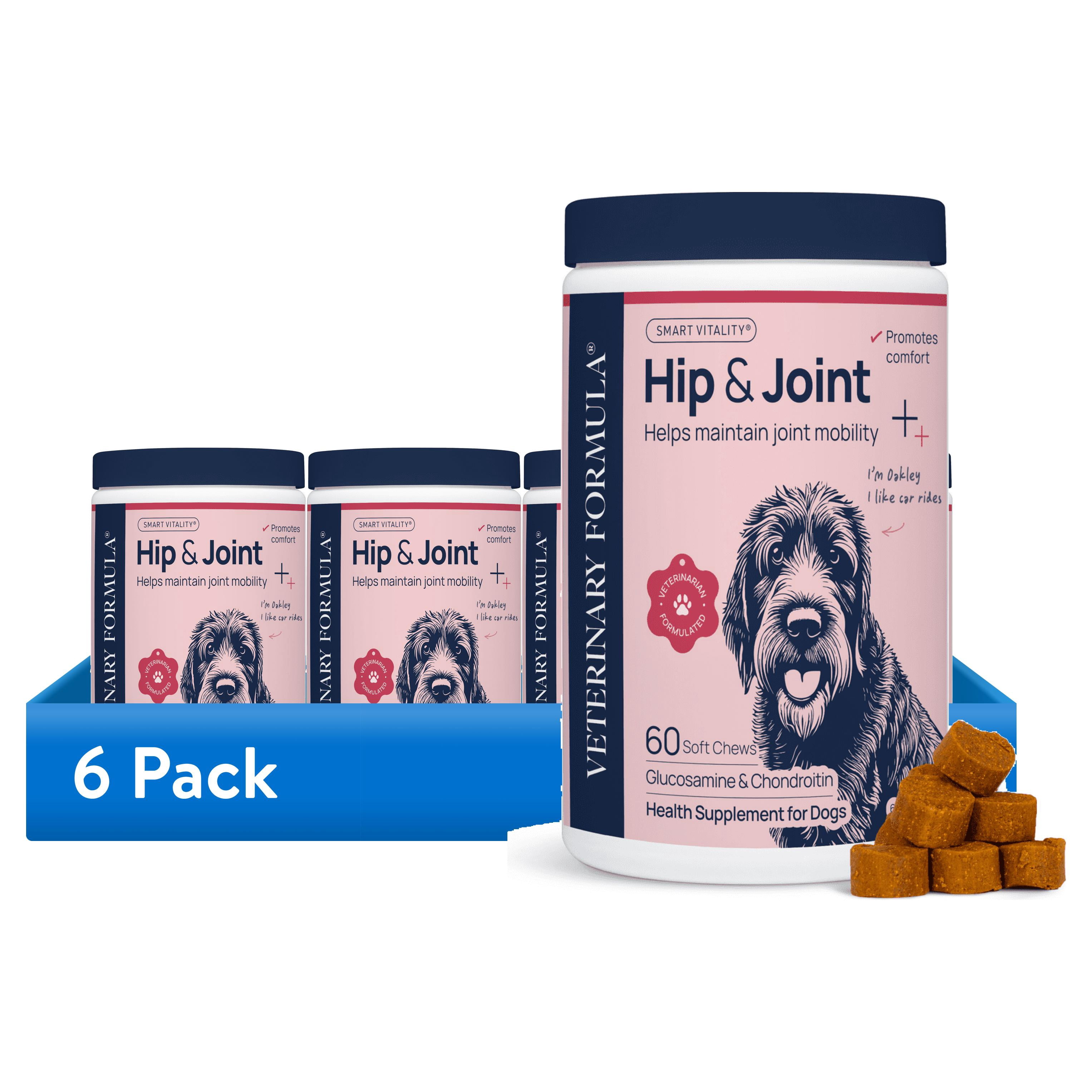 (6 pack) Veterinary Formula Hip & Joint Support Mobility Supplement for Dogs, Smart Vitality Glucosamine Chews, 60 Soft Chews