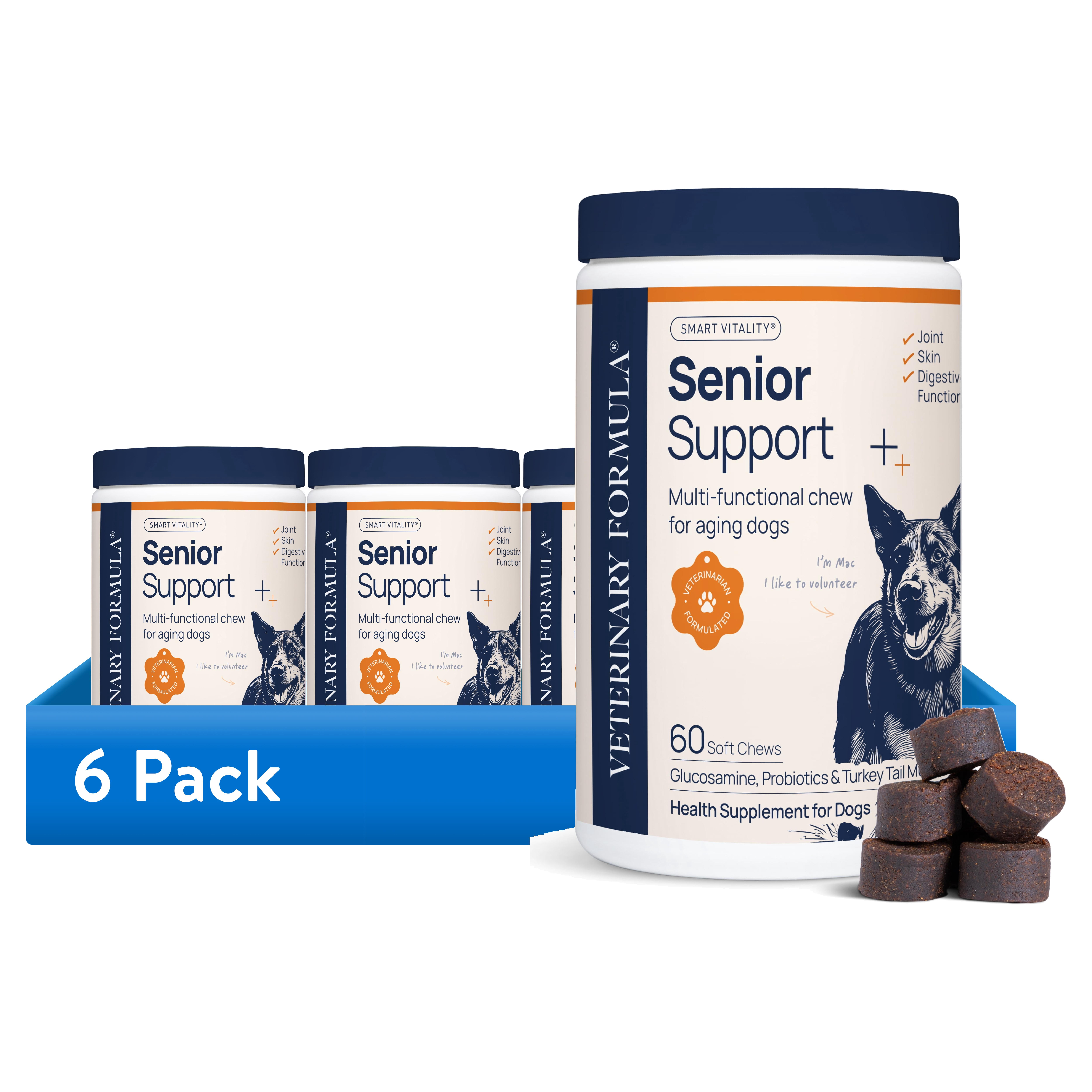 (6 pack) Veterinary Formula Senior Support Supplement for Dogs, Smart Vitality for Joint, Digestion, and Immune Health, 60 Chews