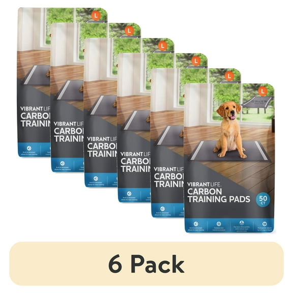 (6 pack) Vibrant Life Charcoal Training Pads Odor Control, Super Absorbent, Leak Proof, & Fast Dry Dog and Puppy Pee Pads L 22in x 22in, 50Count