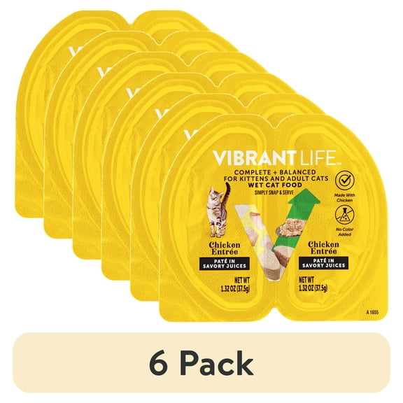 (6 pack) Vibrant Life Chicken Pate in Savory Juices Wet Cat Food, Grain-Free, 2.64 oz Split Tray