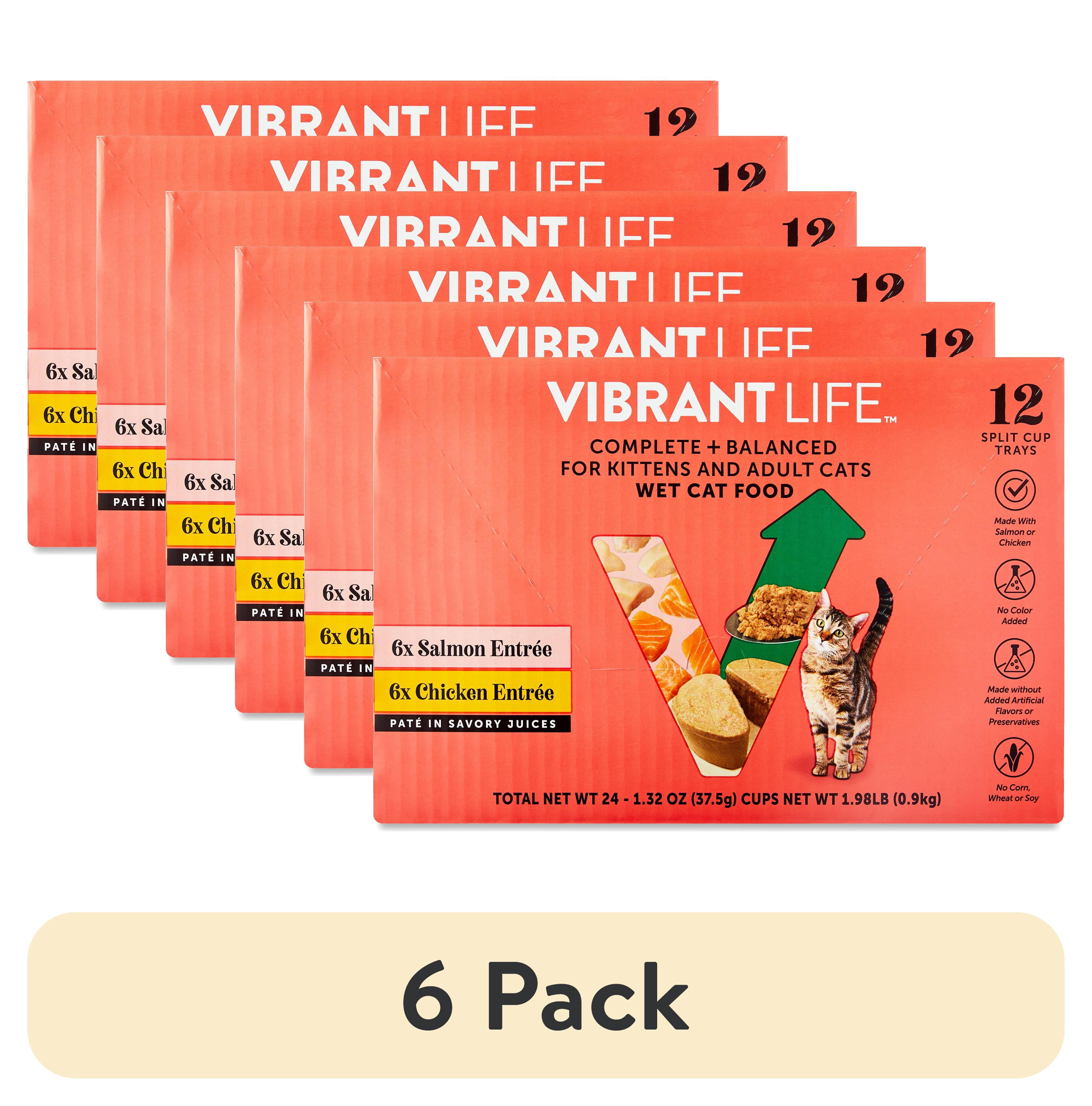 (6 pack) Vibrant Life Wet Cat Food, Salmon & Chicken Pate in Savory Juices, Grain-Free, 2.64 oz Split Trays, 12 Count