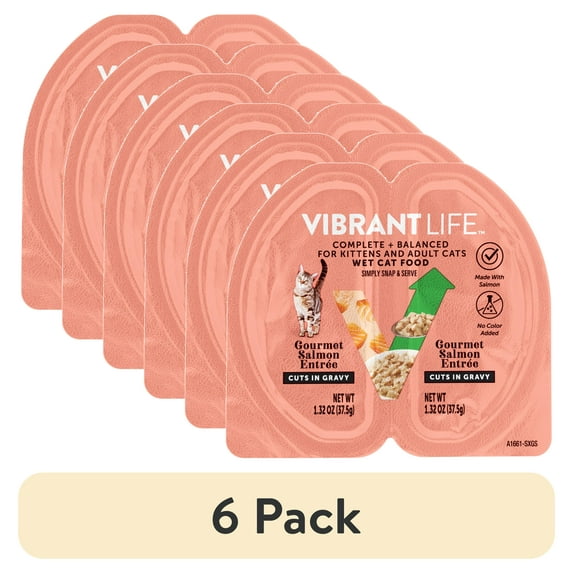 (6 pack) Vibrant Life Gourmet Salmon Entree Cuts in Gravy, Complete + Balanced, 2.64 oz Split Cup
