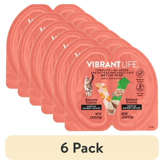 (6 pack) Vibrant Life Salmon Entree Pate in Savory Juices, Complete + Balanced, 2.64 oz Split Cup