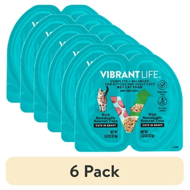 (6 pack) Vibrant Life Tuna Cuts in Gravy Wet Cat Food, Grain-Free, 2.64 oz Split Trays