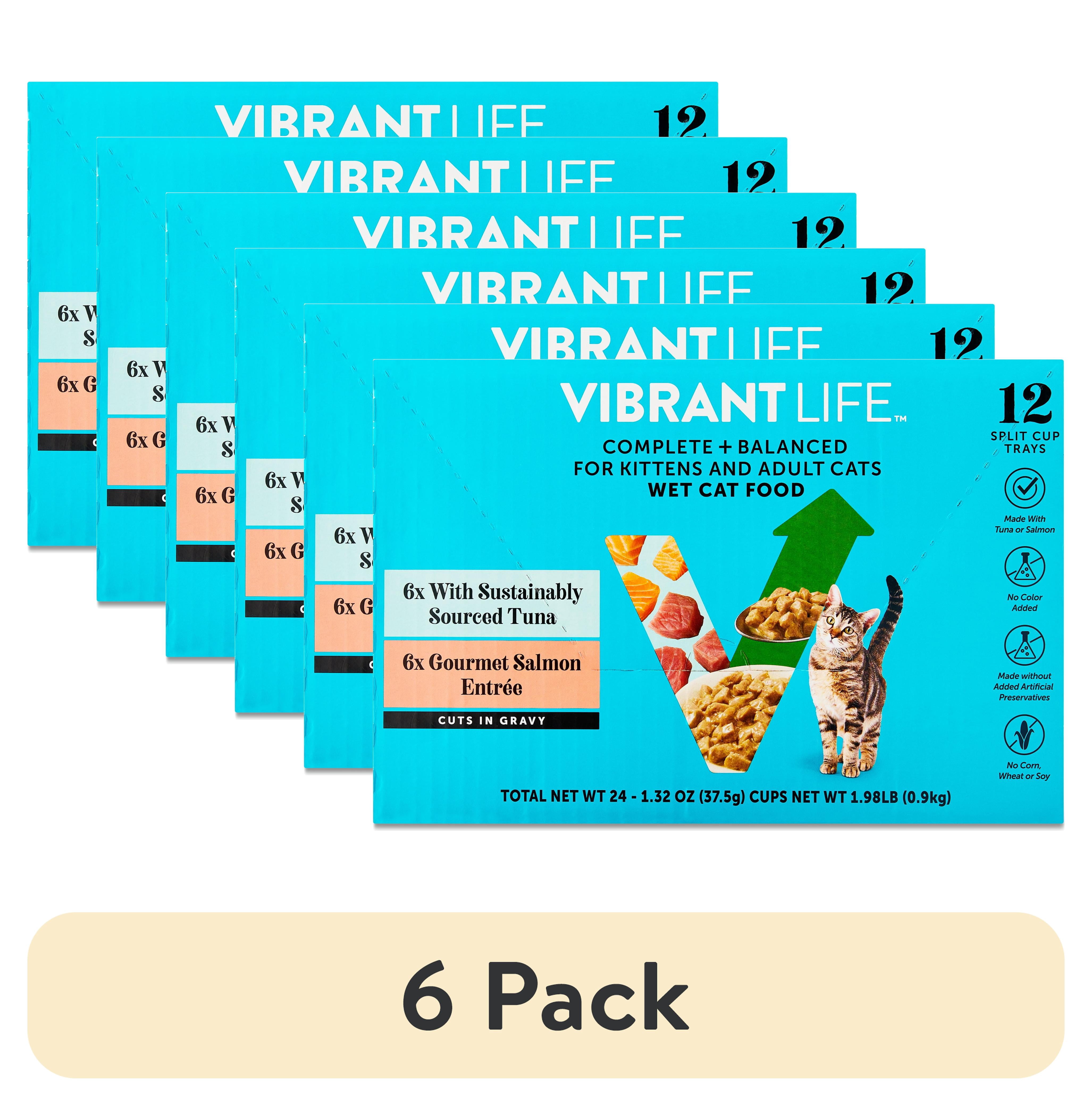 (6 pack) Vibrant Life Tuna & Salmon Cuts in Gravy Wet Cat Food, Complete + Balanced Variety Pack, 2.64 oz Split Trays, 12 Count