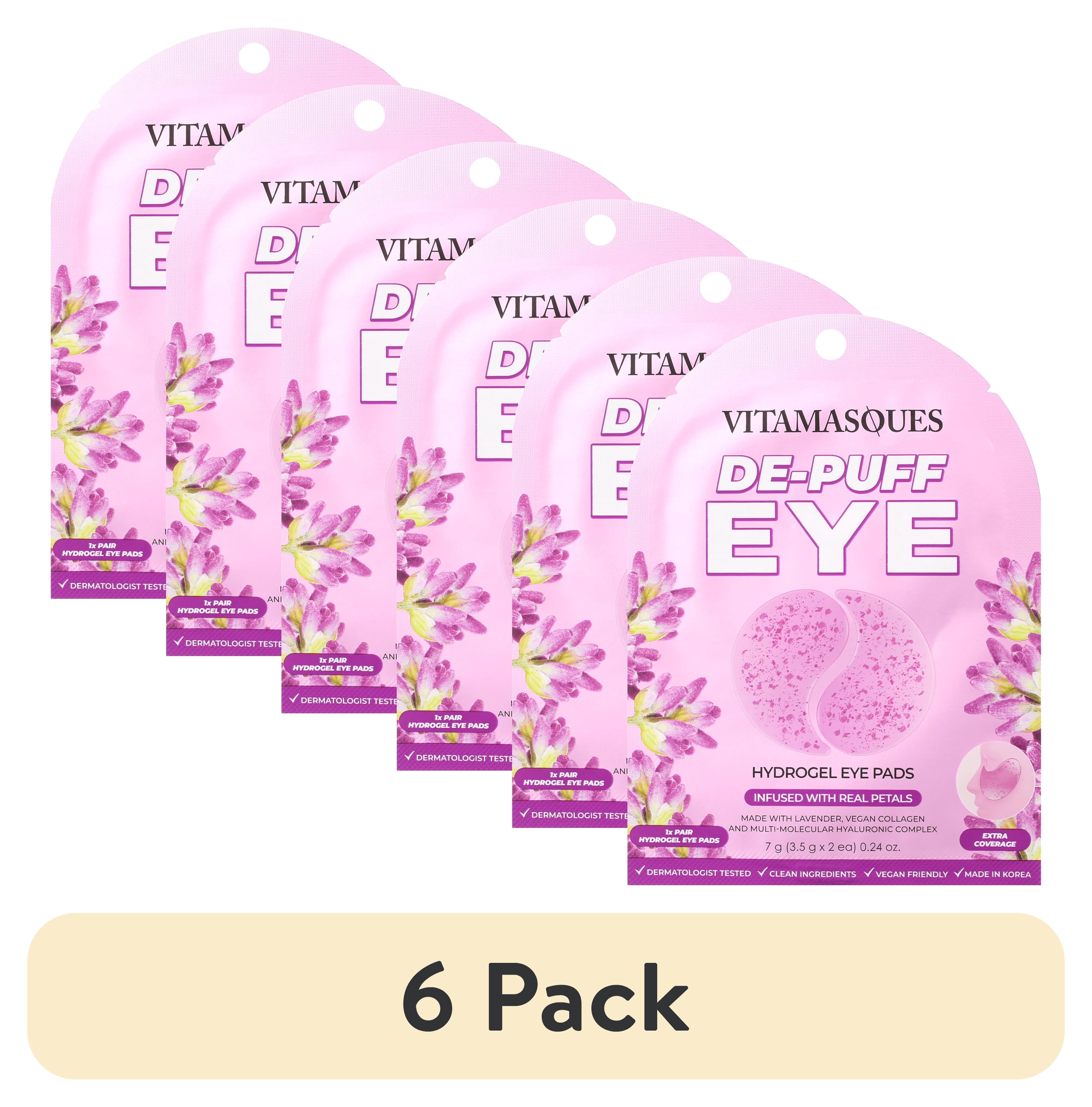 (6 pack) Vitamasques De-Puff Hydrogel Eye Pads, with Lavender & Vegan Collagen, 1 Pair