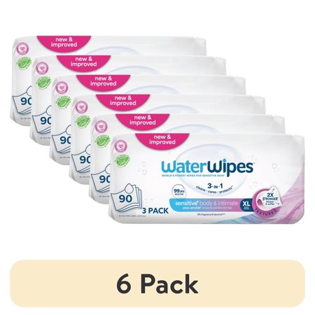 (6 pack) WaterWipes Sensitive Body & Intimate Wipes, 3-In-1 Cleans, Cares, Protects, 99.9% Water, Unscented & Hypoallergenic Hygiene Wet Wipes, Adult Care, 3 Packs (90 Wipes)