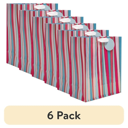 (6 pack) Multicolor Stripes Paper Gift Bag, 10" x 12", by Way To Celebrate