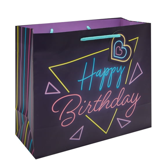 (6 pack) Purple Neon Happy Birthday Paper Gift Bag, 10" x 12", by Way To Celebrate