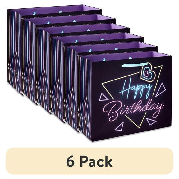 (6 pack) Purple Neon Happy Birthday Paper Gift Bag, 10" x 12", by Way To Celebrate