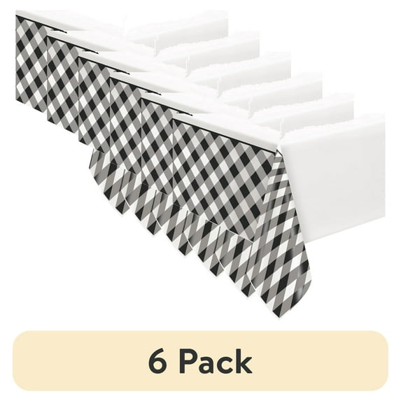 (6 pack) Way to Celebrate! Black Buffalo Plaid Plastic Party Tablecloth, 84 x 54in