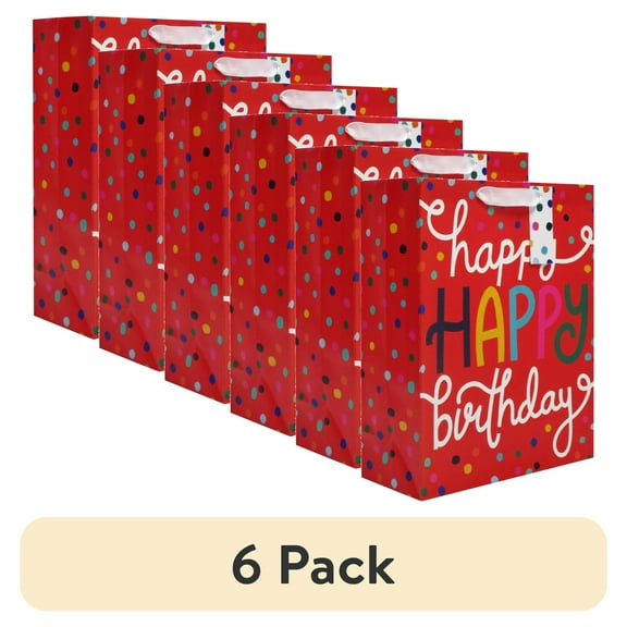 (6 pack) Red Happy Birthday Confetti Paper Gift Bag, 12" x 15", by Way To Celebrate