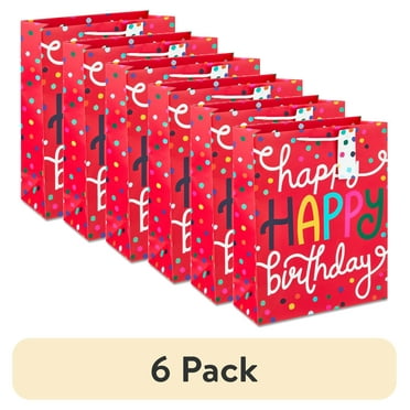 (6 pack) Red Happy Birthday Confetti Paper Gift Bag, 12" x 15", by Way To Celebrate