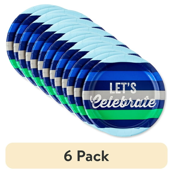 (6 pack) Stripe Let's Celebrate Disposable Paper Plates, 7", Blue/Green, 10 Count, by Way To Celebrate
