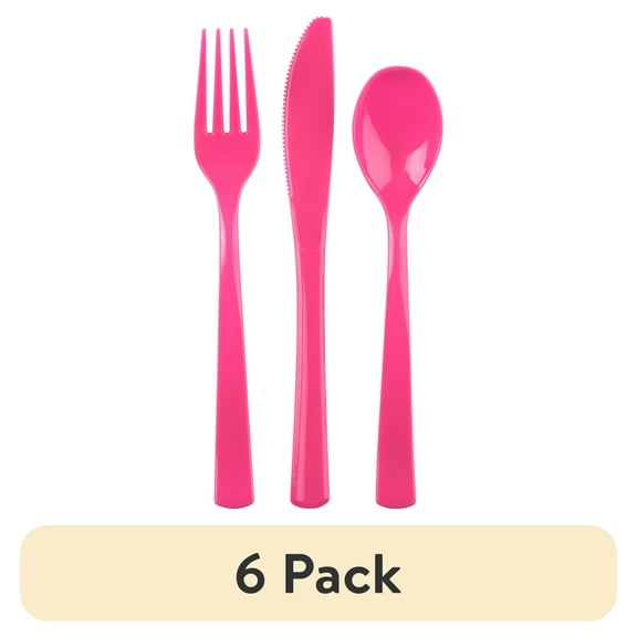 (6 pack) Disposable Plastic Cutlery Set, Neon Pink, 24 Pieces, by Way To Celebrate